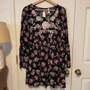 Floral Long Sleeve Xhilaration Dress with Crochet and Embroidery Details